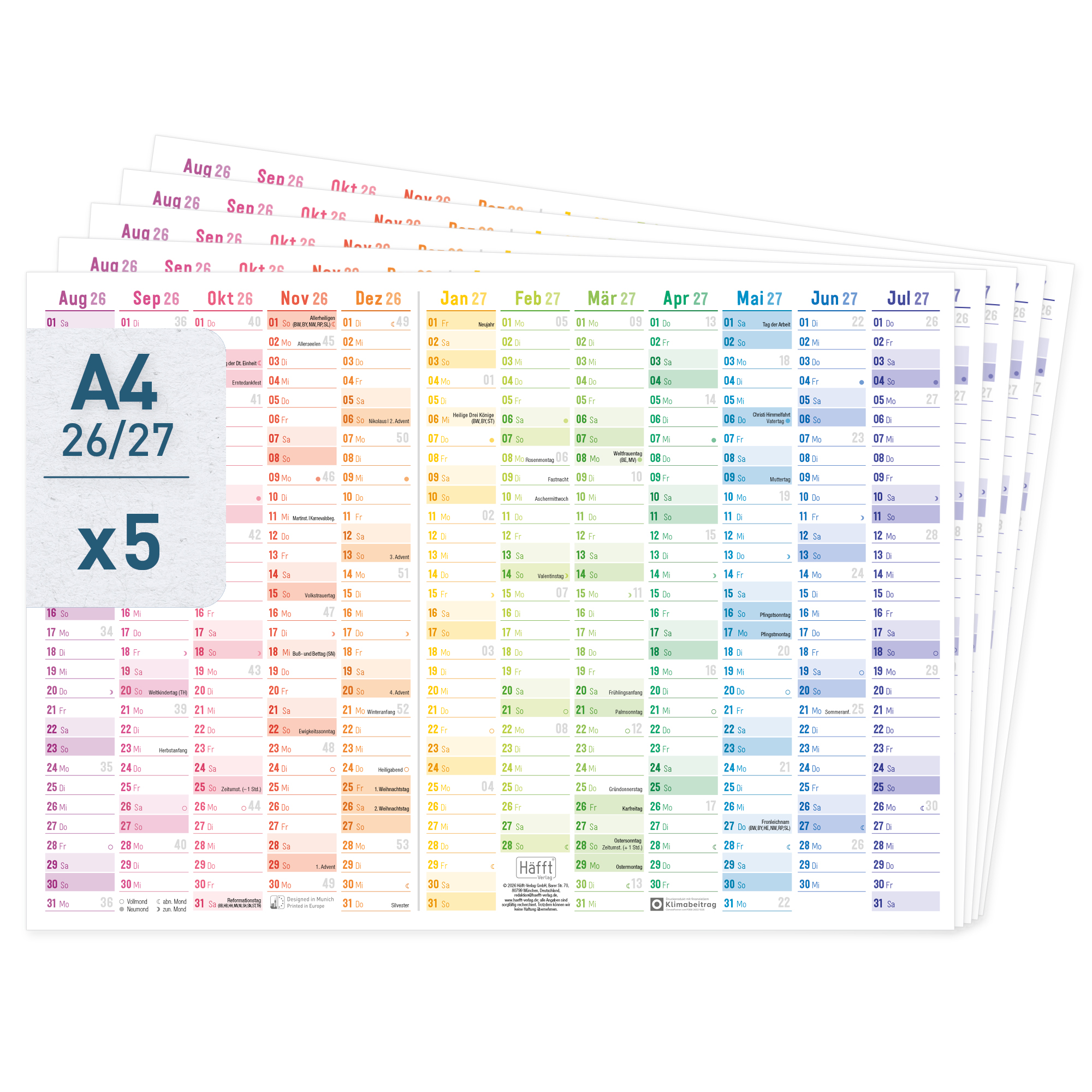 Artikelbild 1 des Artikels “Wandkalender Schuljahr 2026/2027 A4 quer 5er-Pack [Rainbow] “