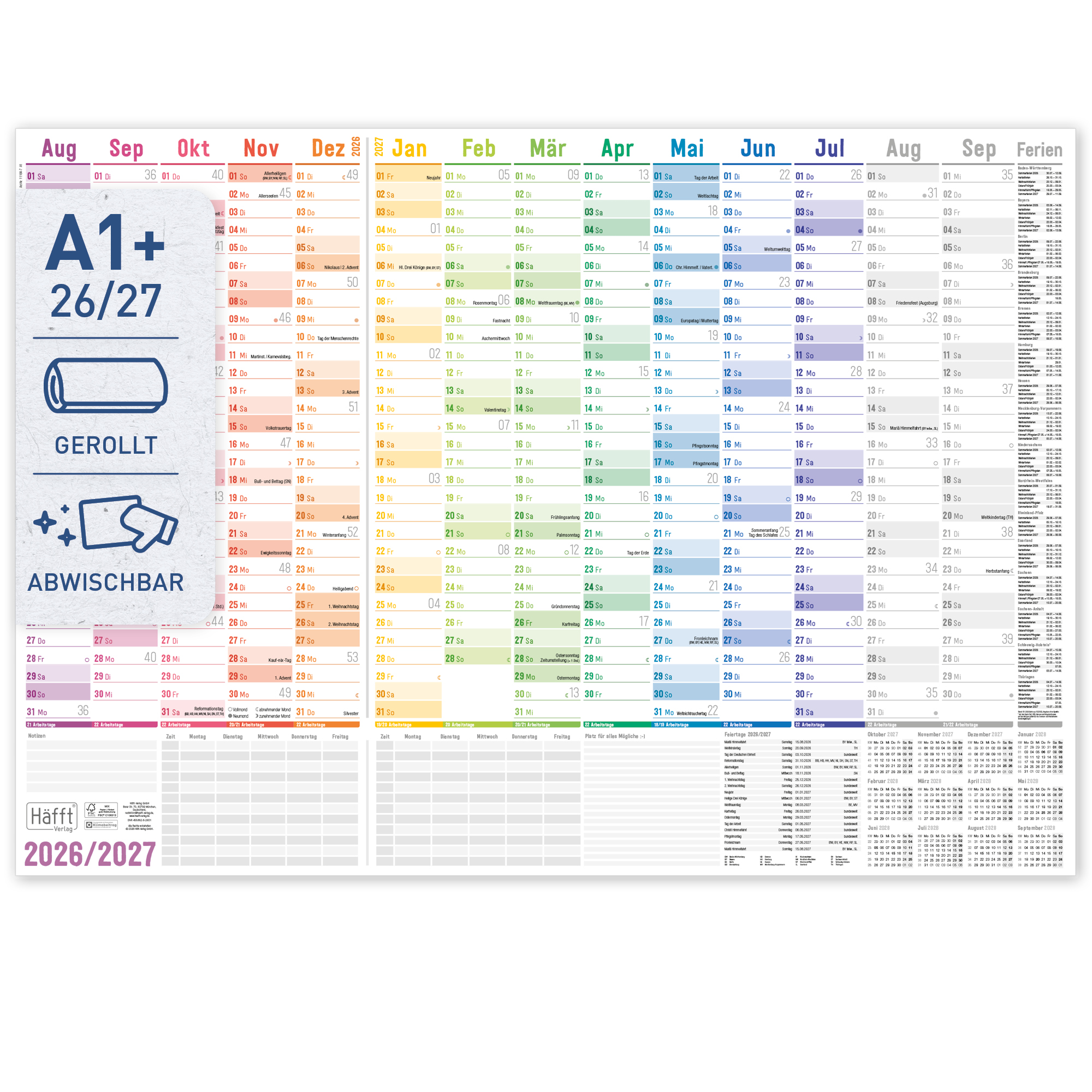 Artikelbild 1 des Artikels “Wandkalender Schuljahr A1+ abwischbar 2026/2027 gerollt [Rainbow] “