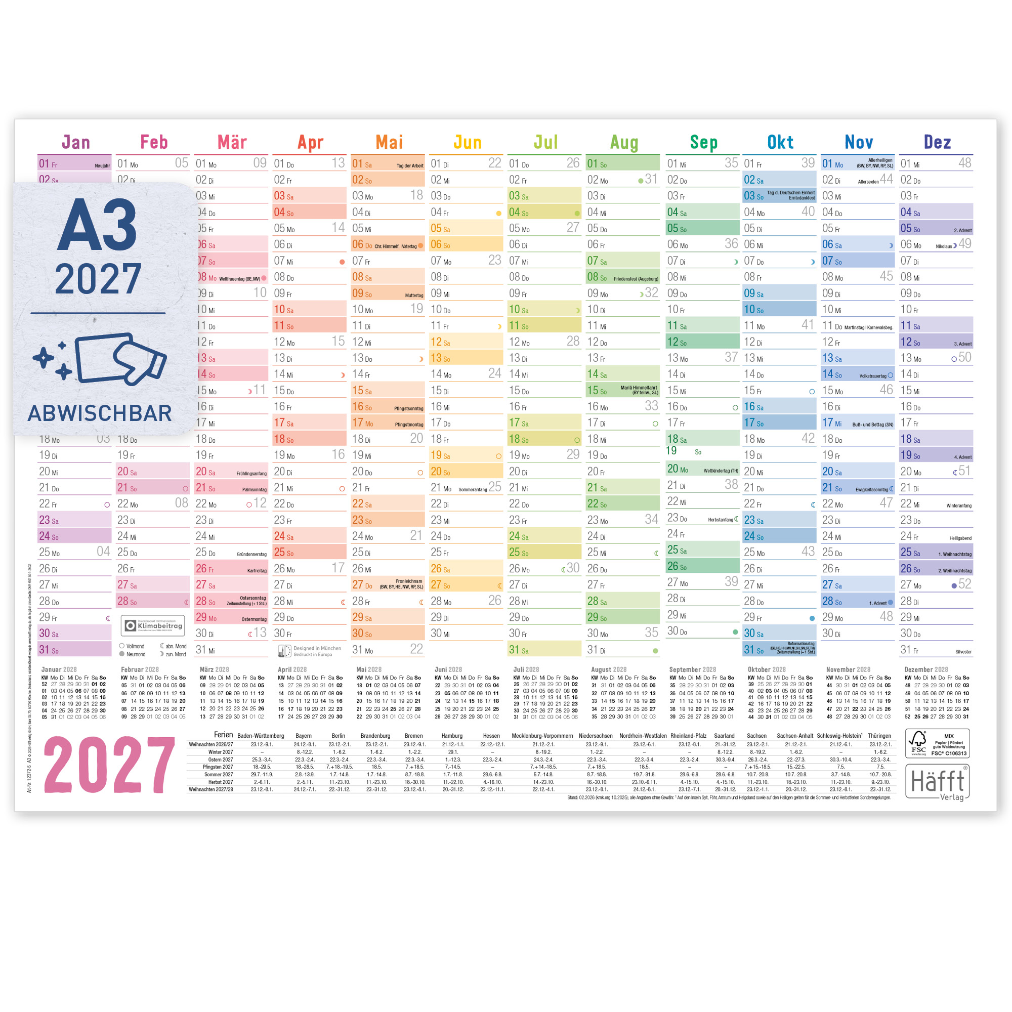 Artikelbild 1 des Artikels “Wandkalender 2027 A3 abwischbar gerollt quer [Rainbow] “