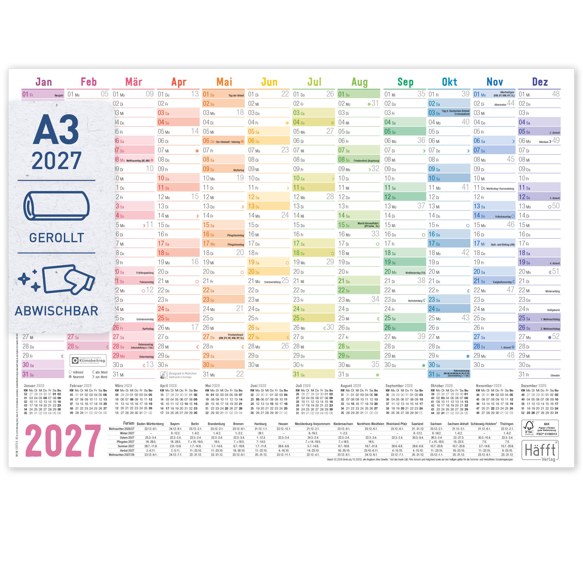 Artikelbild 1 des Artikels “Wandkalender 2027 A3 abwischbar gerollt quer [Rainbow] “