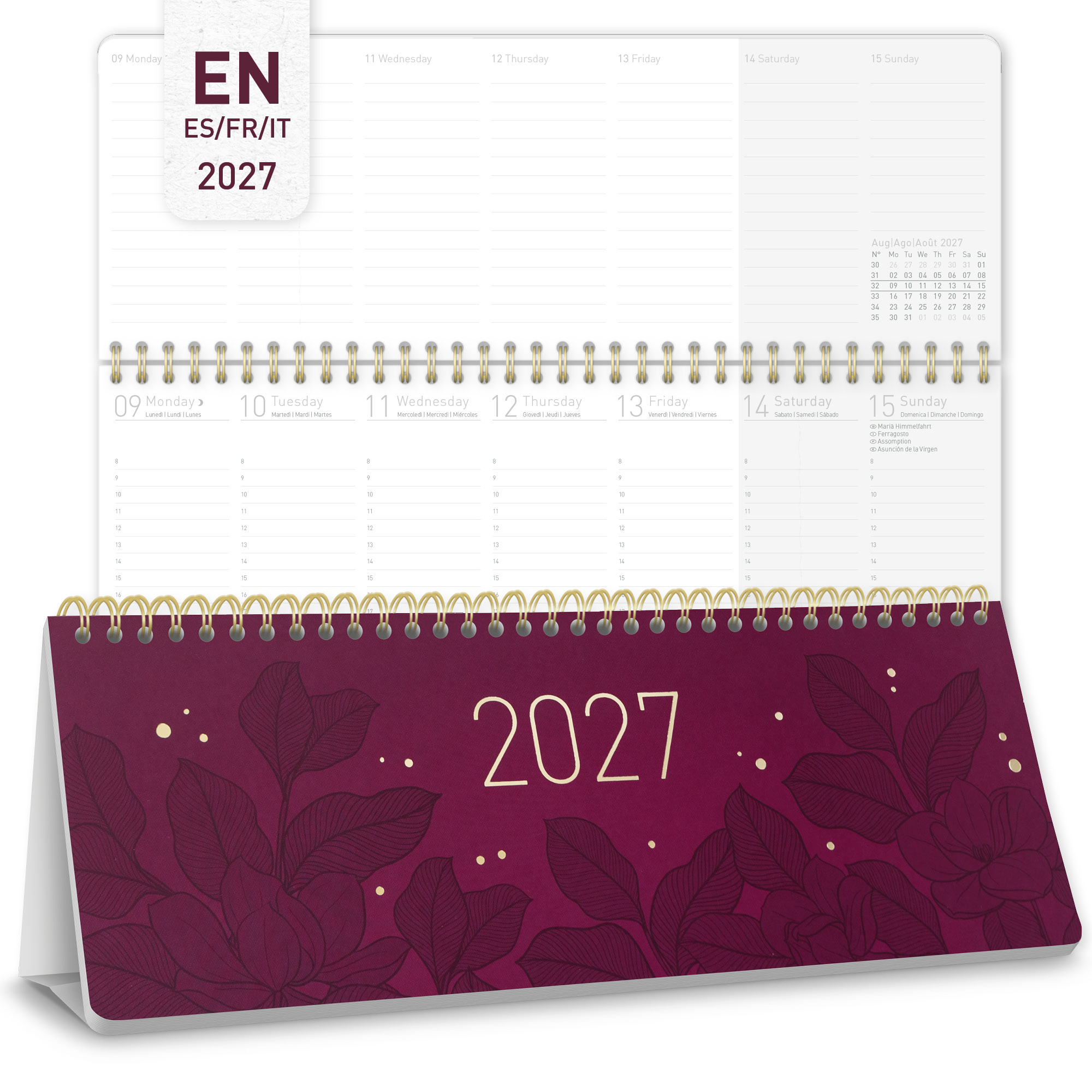Artikelbild 1 des Artikels “Internationaler Wochen-Tischkalender quer 2027 [Bordeaux Leaves] “