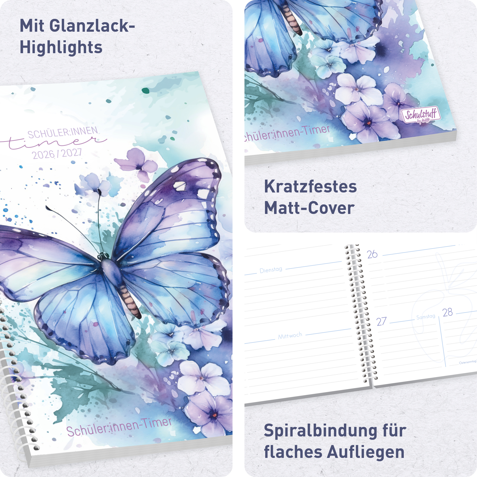 Artikelbild 2 des Artikels “Schulstuff Schüler:innen-Timer mit Spiralbindung A5 2026/2027 [Butterfly] “