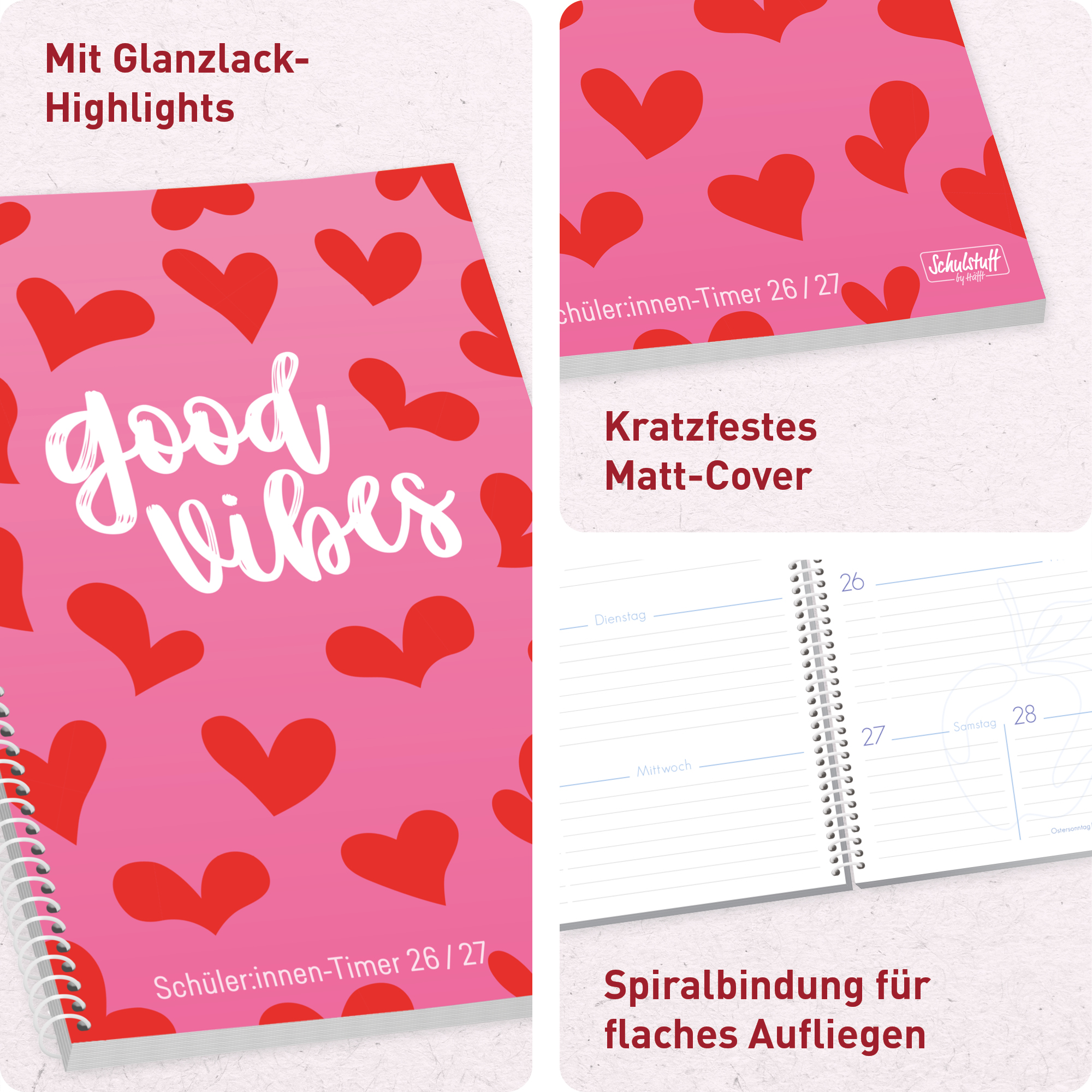 Artikelbild 2 des Artikels “Schulstuff Schüler:innen-Timer mit SpiralbindungA5 2026/2027 [Red Hearts] “