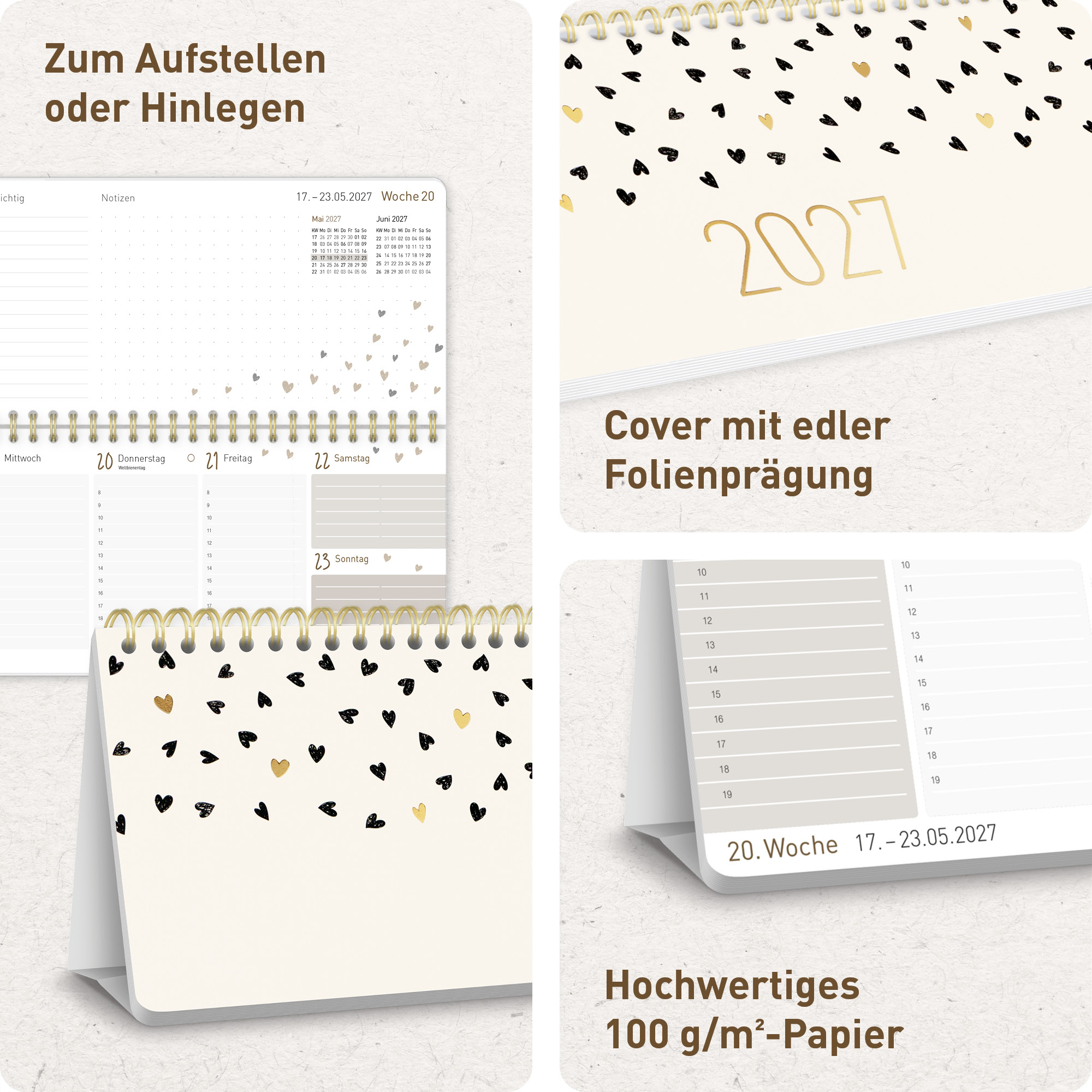 Artikelbild 2 des Artikels “Wochen-Tischkalender 2027 mit Aufsteller [Golden Hearts] “