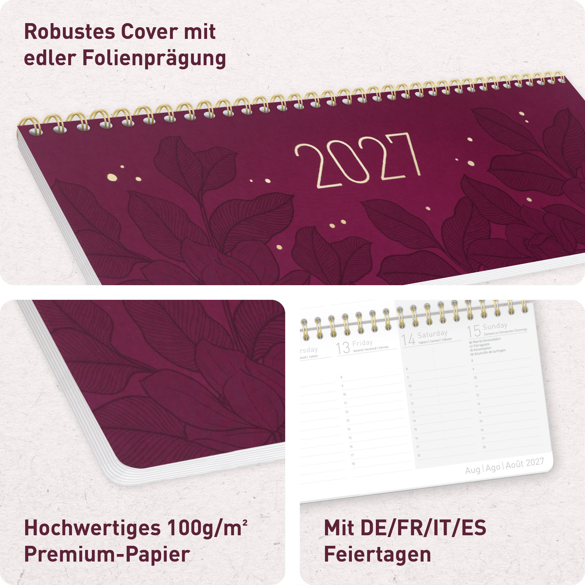 Artikelbild 2 des Artikels “Internationaler Wochen-Tischkalender quer 2027 [Bordeaux Leaves] “