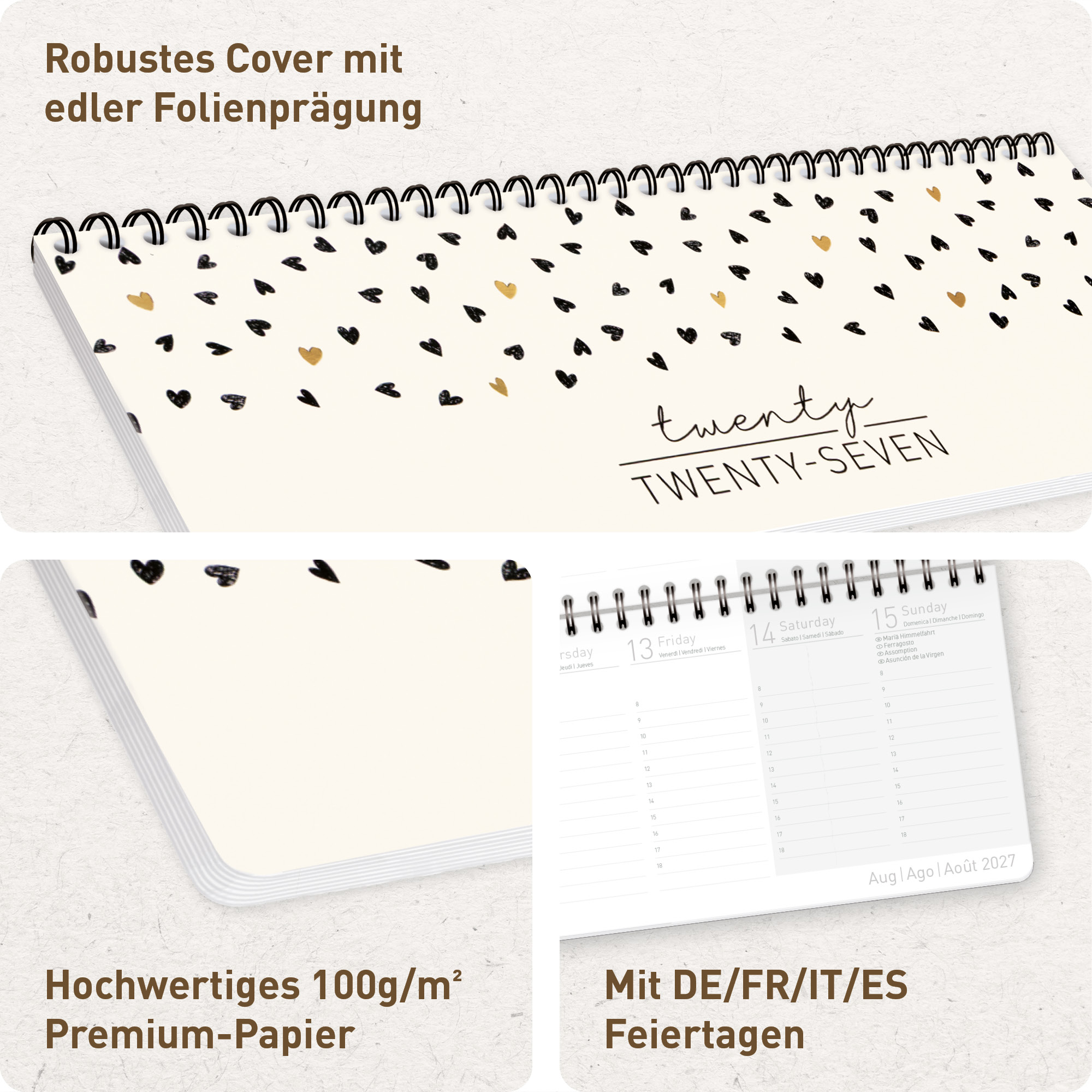 Artikelbild 2 des Artikels “Internationaler Wochen-Tischkalender quer 2027 [Golden Hearts] “
