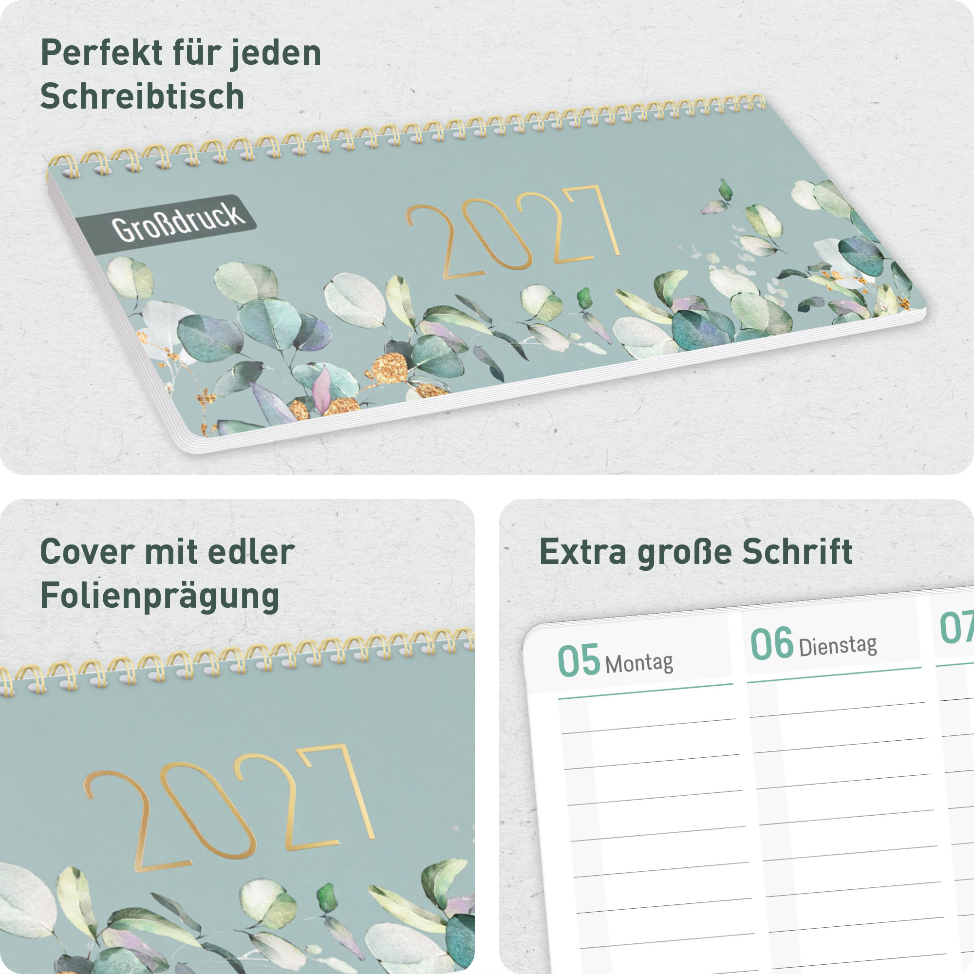 Artikelbild 2 des Artikels “Wochen-Tischkalender 2027 Großdruckkalender quer [Minty Leaves] “