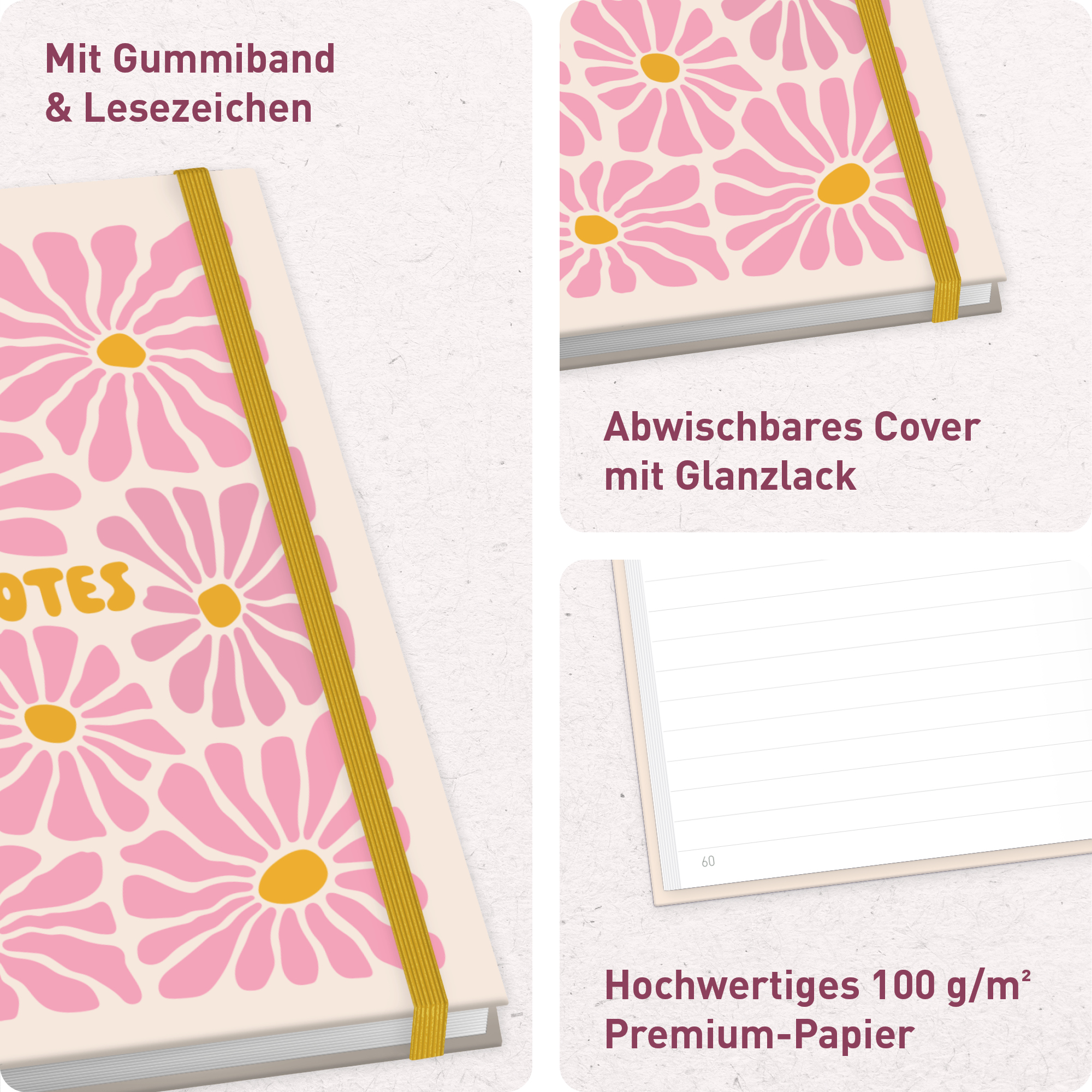 Artikelbild 2 des Artikels “paper&you Notizbuch Classic A5+ liniert [Pink Flowers] “