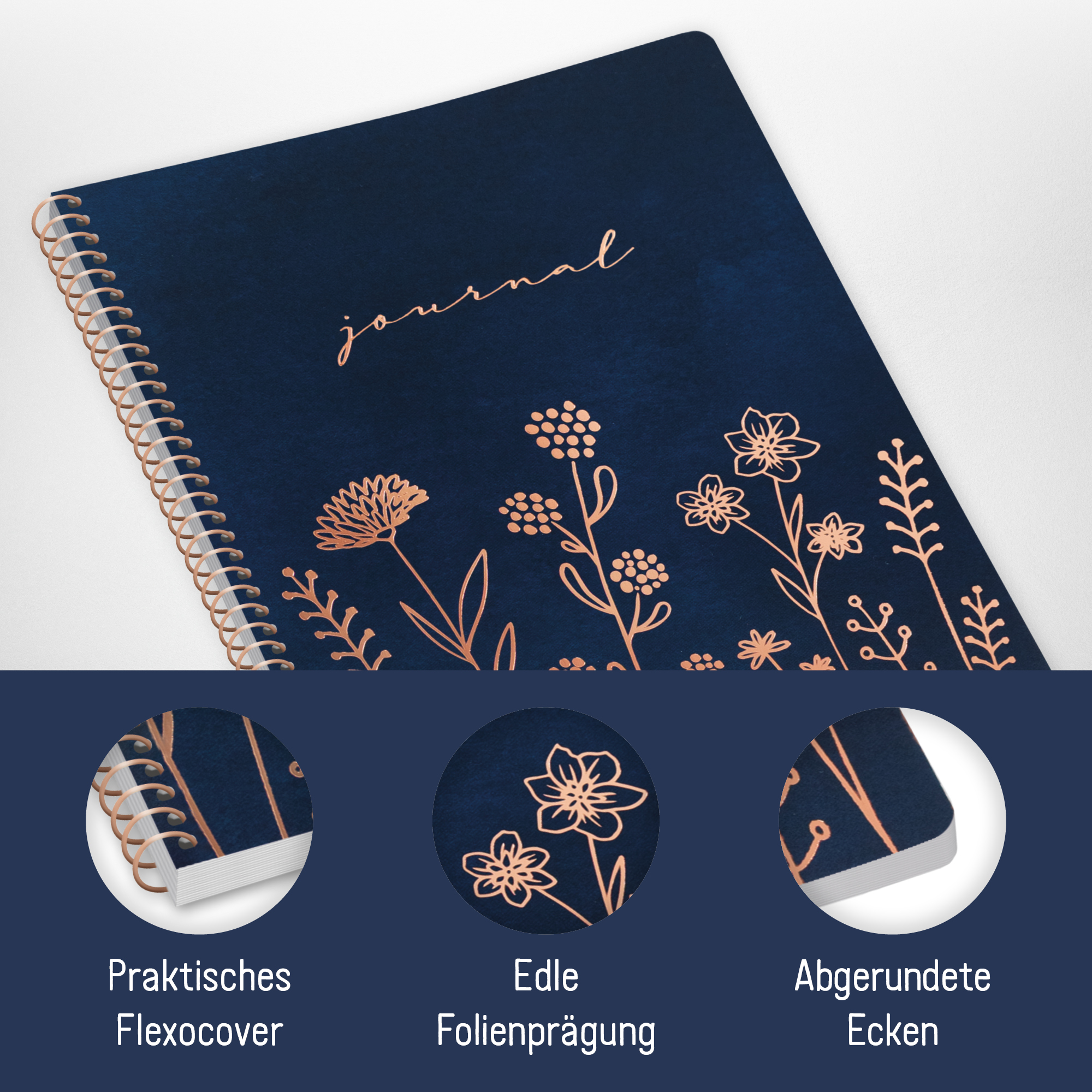 Artikelbild 2 des Artikels “Bullet Journal dotted A5 mit Spiralbindung [Fine Flowers night blue] “