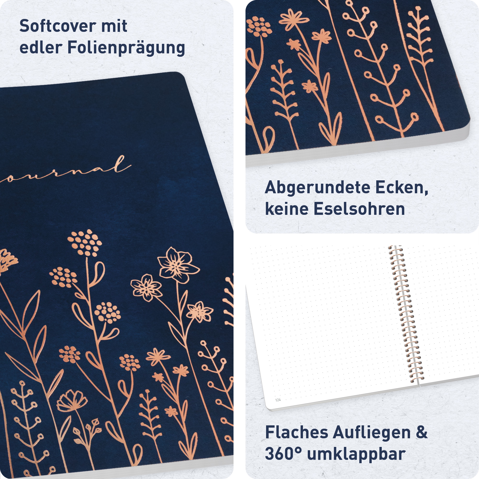 Artikelbild 2 des Artikels “Bullet Journal dotted A5 mit Spiralbindung [Fine Flowers night blue] “