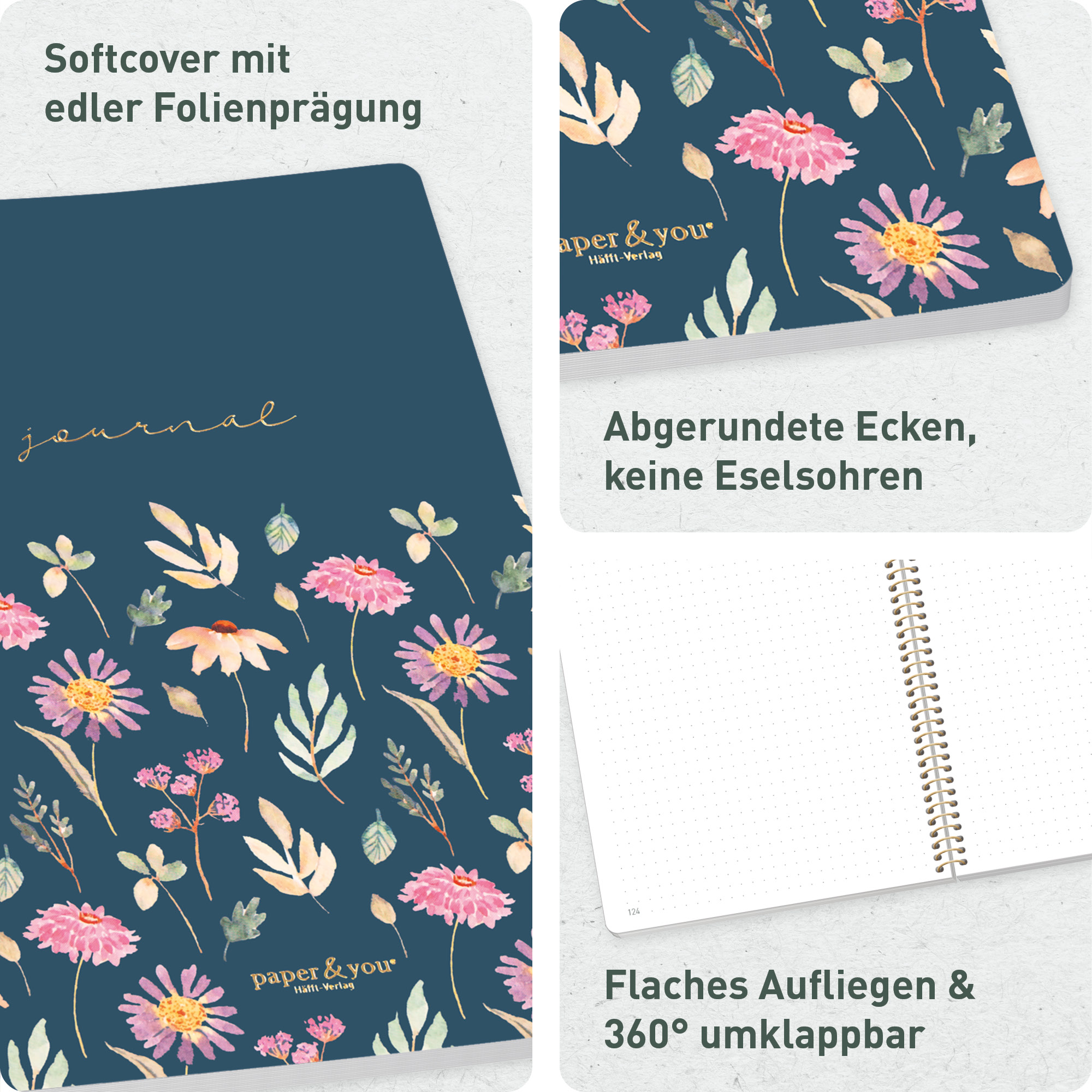 Artikelbild 2 des Artikels “Bullet Journal dotted A5 mit Spiralbindung [Flying Flowers] “