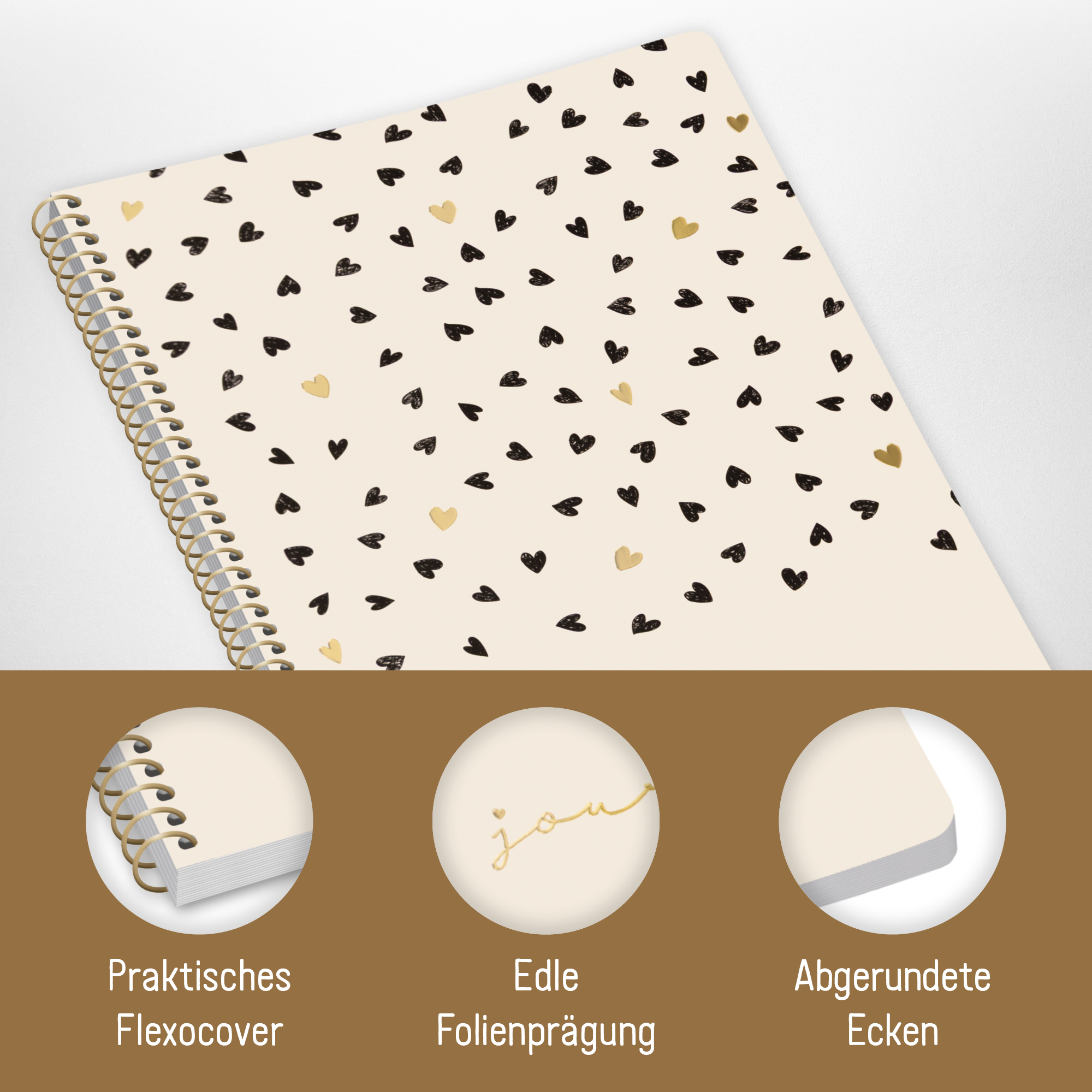 Artikelbild 2 des Artikels “Bullet Journal dotted A5 mit Spiralbindung [Golden Hearts] “