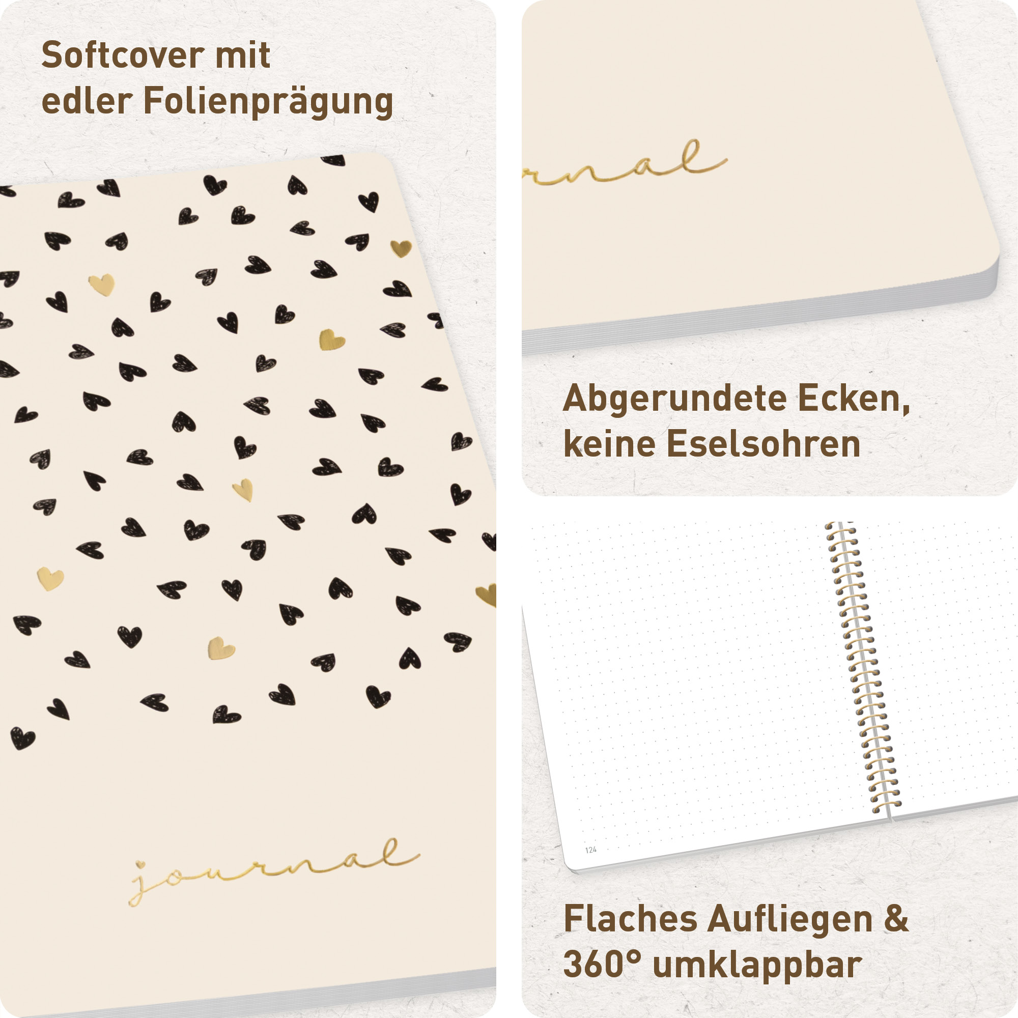 Artikelbild 2 des Artikels “Bullet Journal dotted A5 mit Spiralbindung [Golden Hearts] “