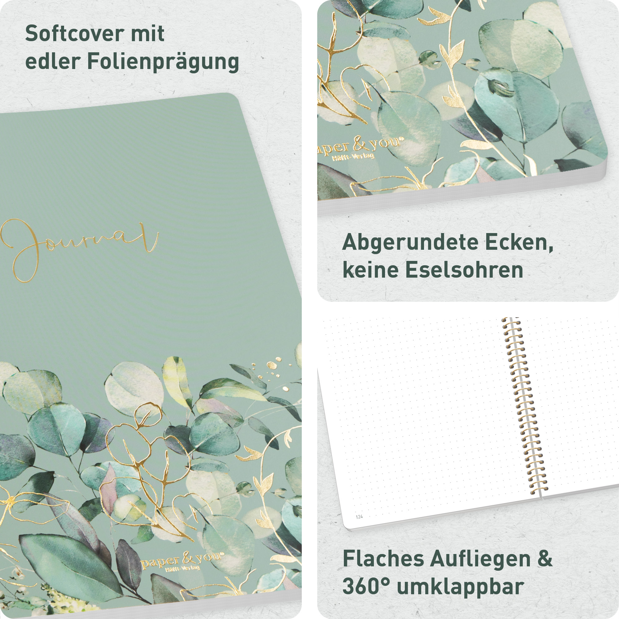 Artikelbild 2 des Artikels “Bullet Journal dotted A5 mit Spiralbindung [Minty Leaves] “