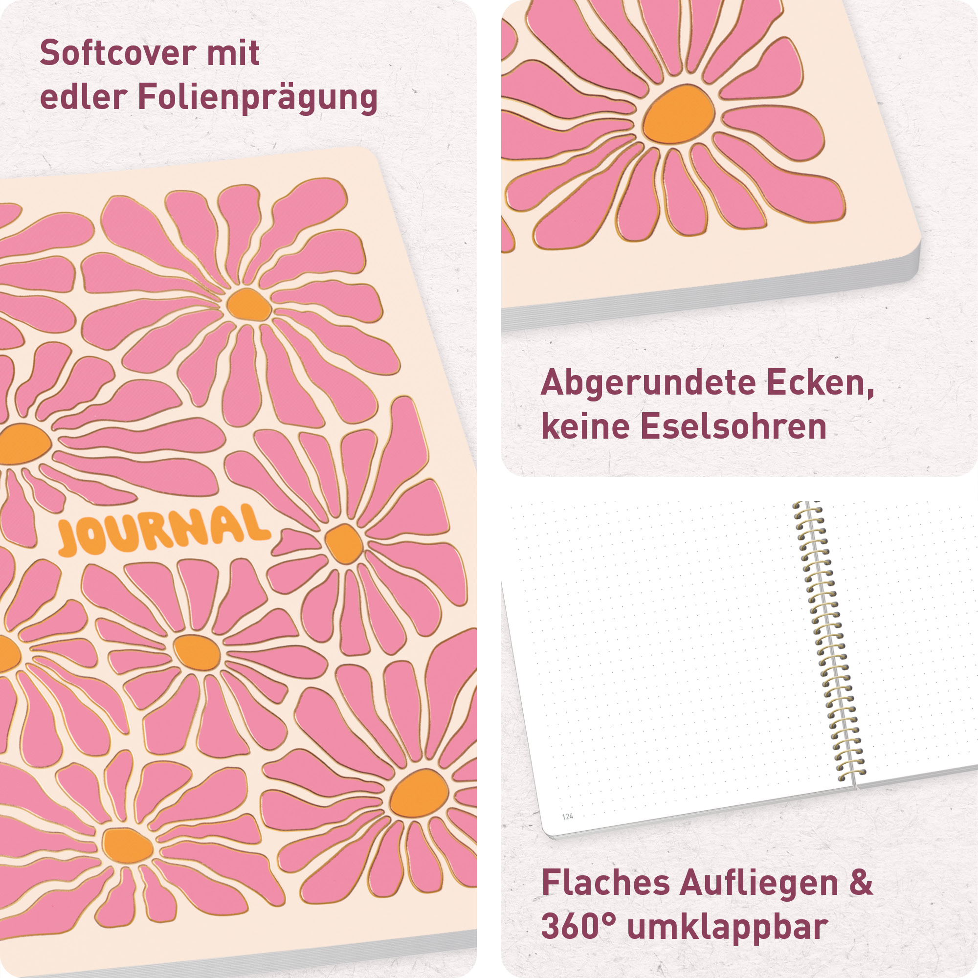Artikelbild 2 des Artikels “Bullet Journal dotted A5 mit Spiralbindung [Pink Flowers] “
