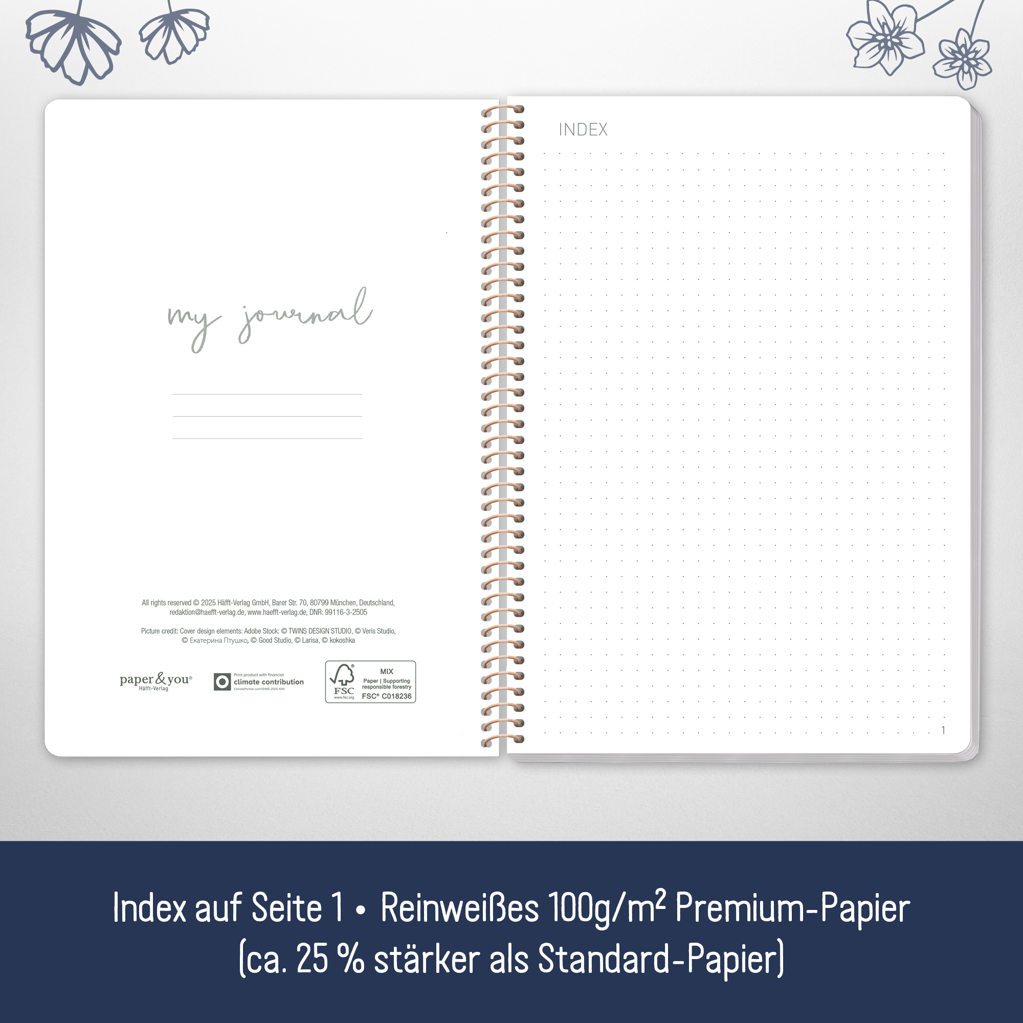 Artikelbild 3 des Artikels “Bullet Journal dotted A5 mit Spiralbindung [Fine Flowers night blue] “