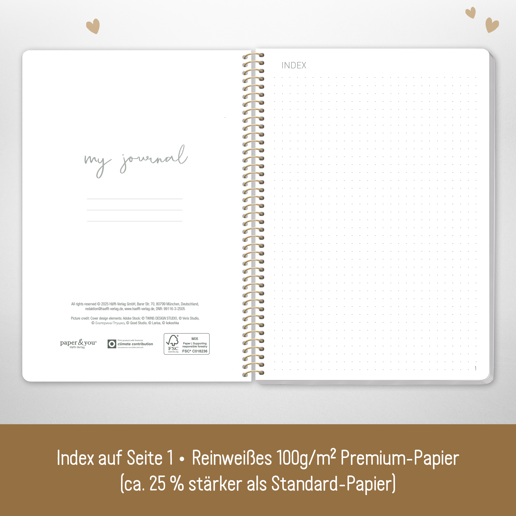 Artikelbild 3 des Artikels “Bullet Journal dotted A5 mit Spiralbindung [Golden Hearts] “