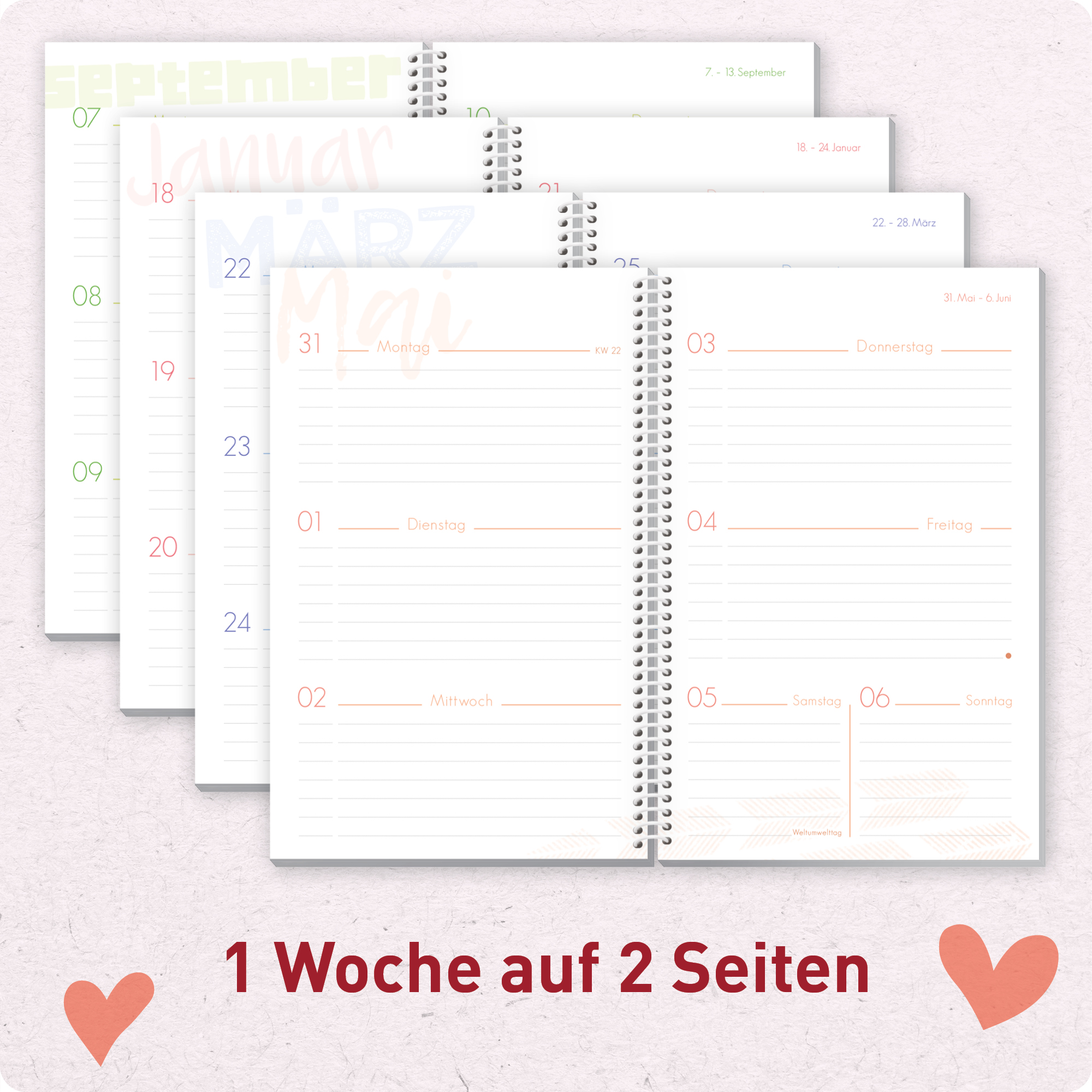 Artikelbild 4 des Artikels “Schulstuff Schüler:innen-Timer mit SpiralbindungA5 2026/2027 [Red Hearts] “