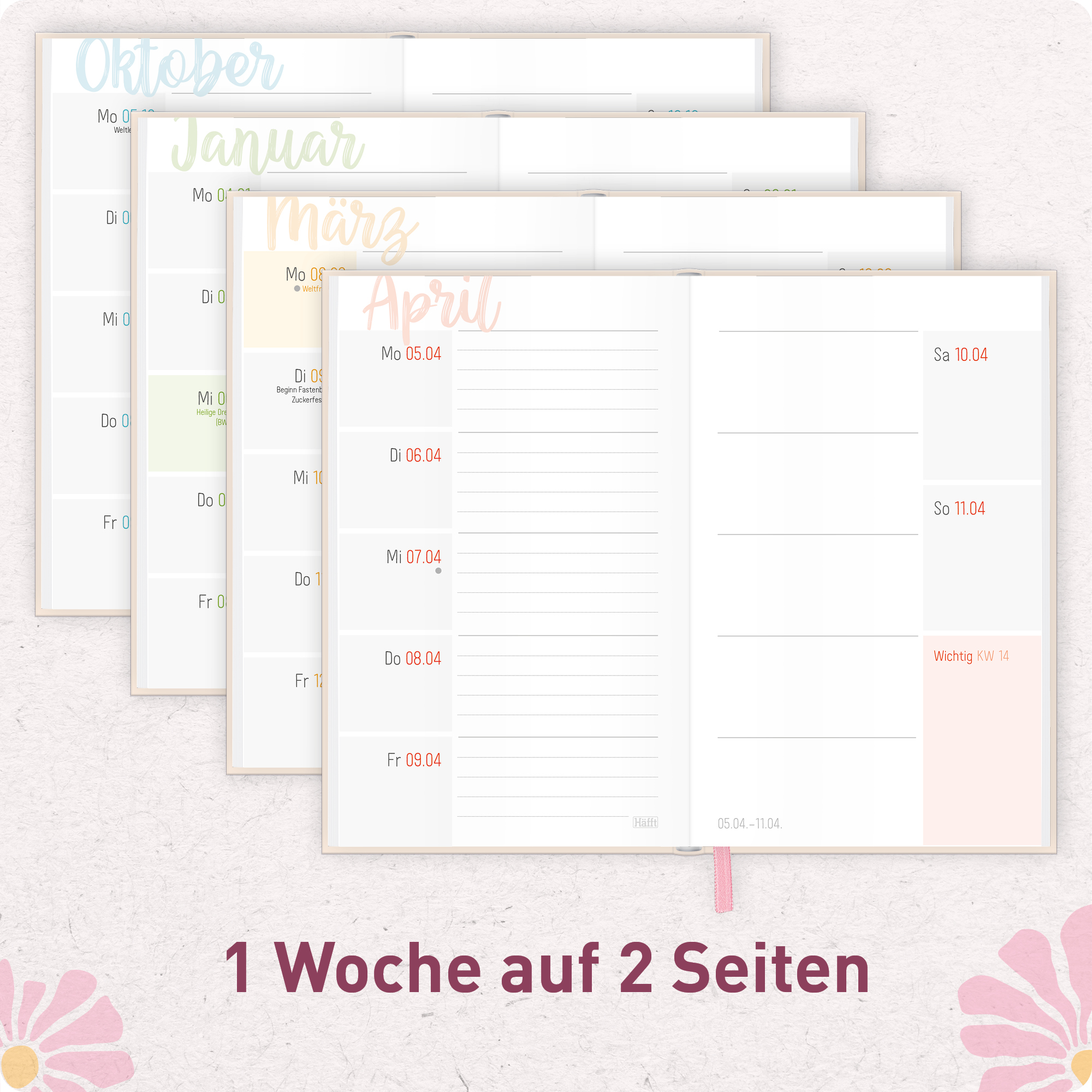 Artikelbild 4 des Artikels “Häfft-Timer A6 Slim 2026/2027 [Pink Flowers] “