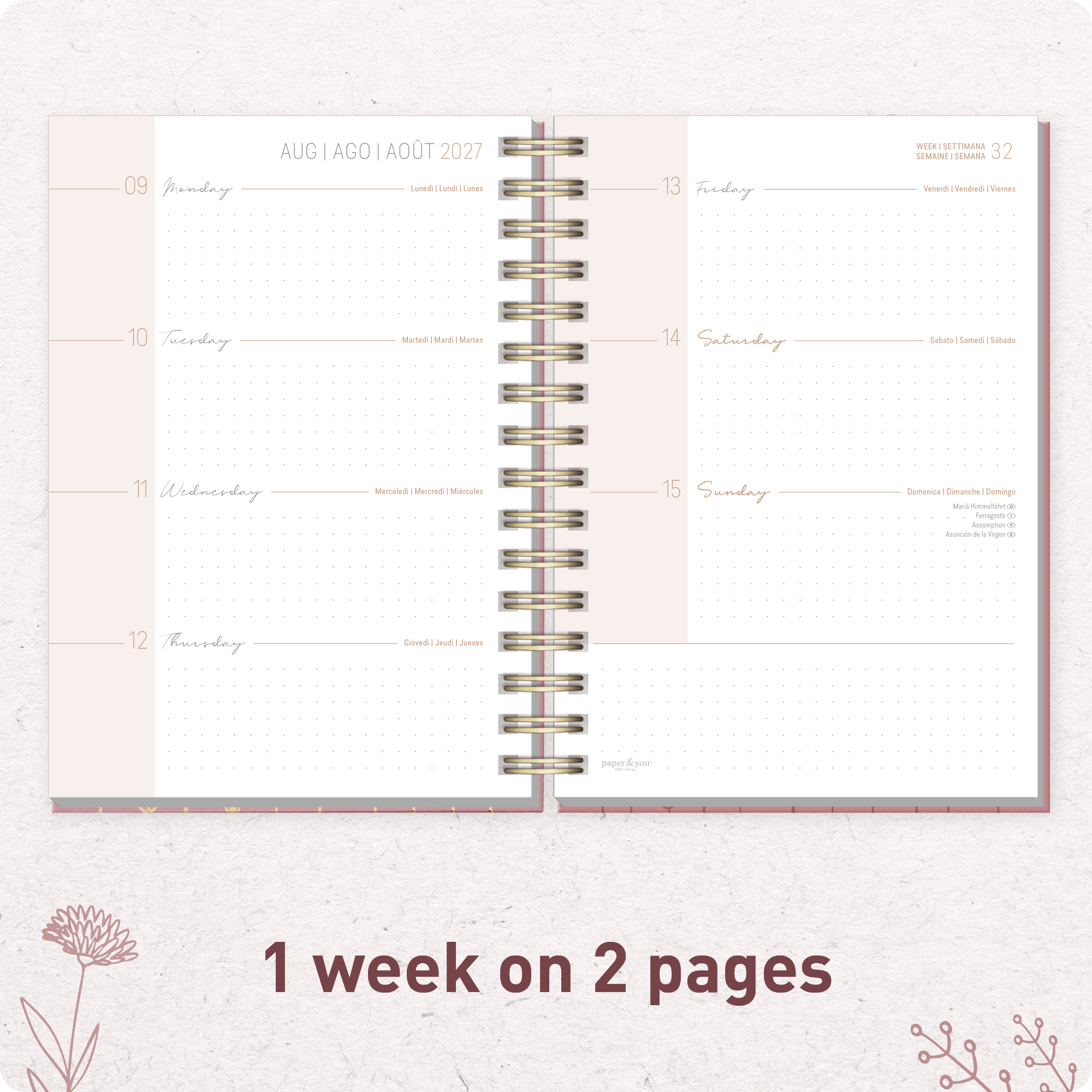 Artikelbild 4 des Artikels “Lieblings-Timer A5 2026/2027 auf Englisch (+ IT/FR/ES) [Fine Flowers rosé] “