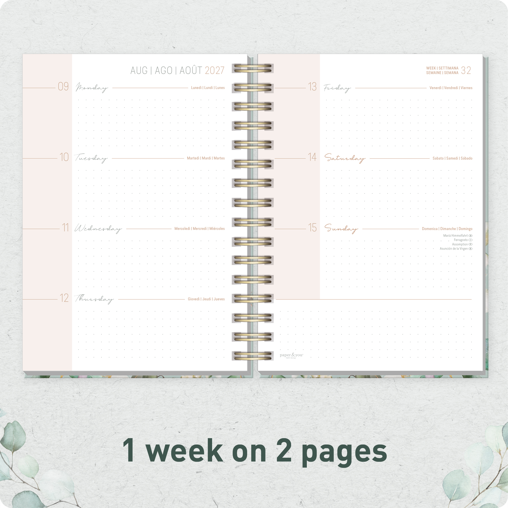 Artikelbild 4 des Artikels “Lieblings-Timer A5 2026/2027 auf Englisch (+ IT/FR/ES) [Minty Leaves] “