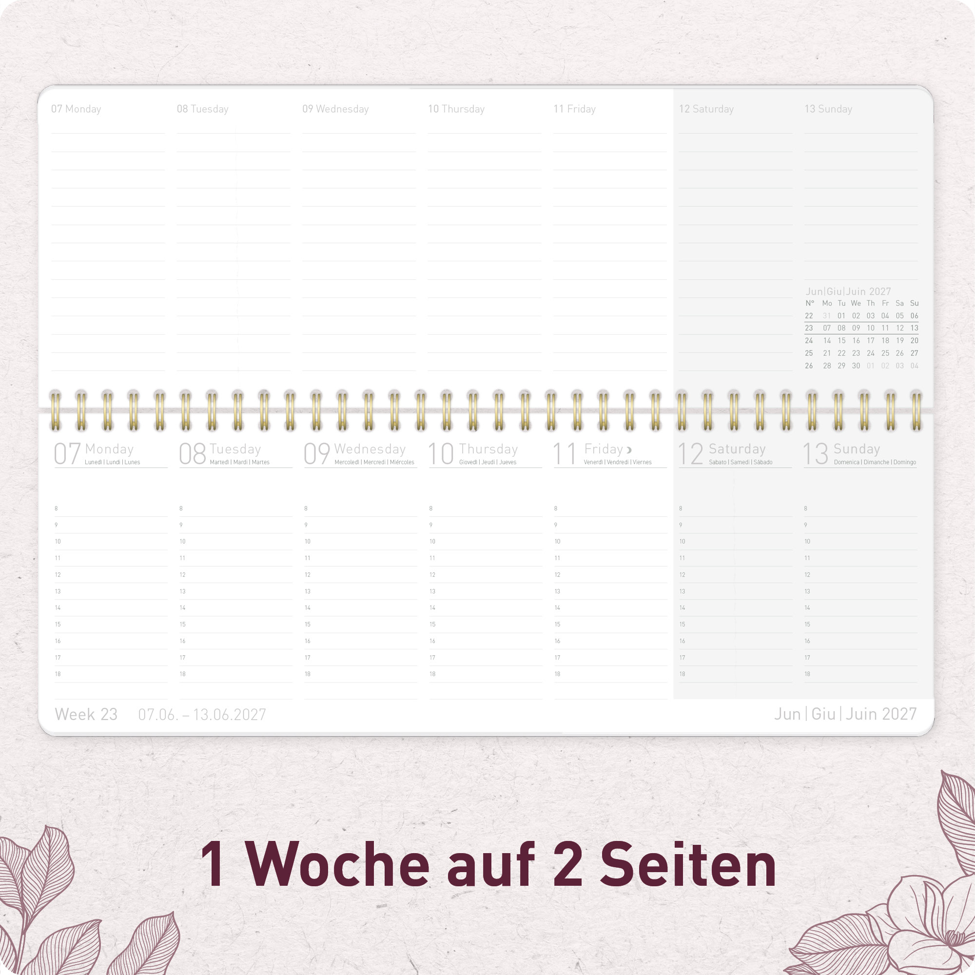 Artikelbild 4 des Artikels “Internationaler Wochen-Tischkalender quer 2027 [Bordeaux Leaves] “