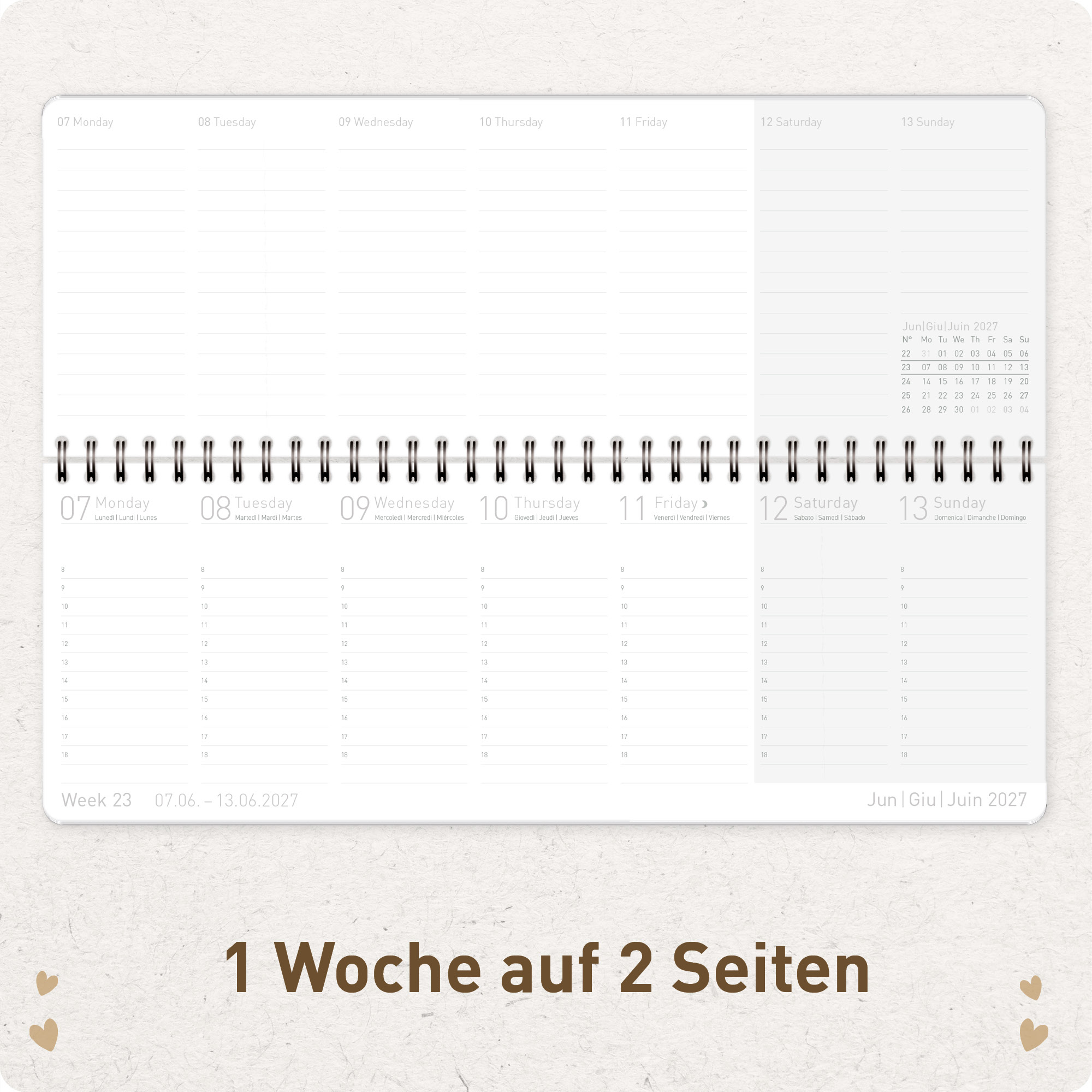 Artikelbild 4 des Artikels “Internationaler Wochen-Tischkalender quer 2027 [Golden Hearts] “