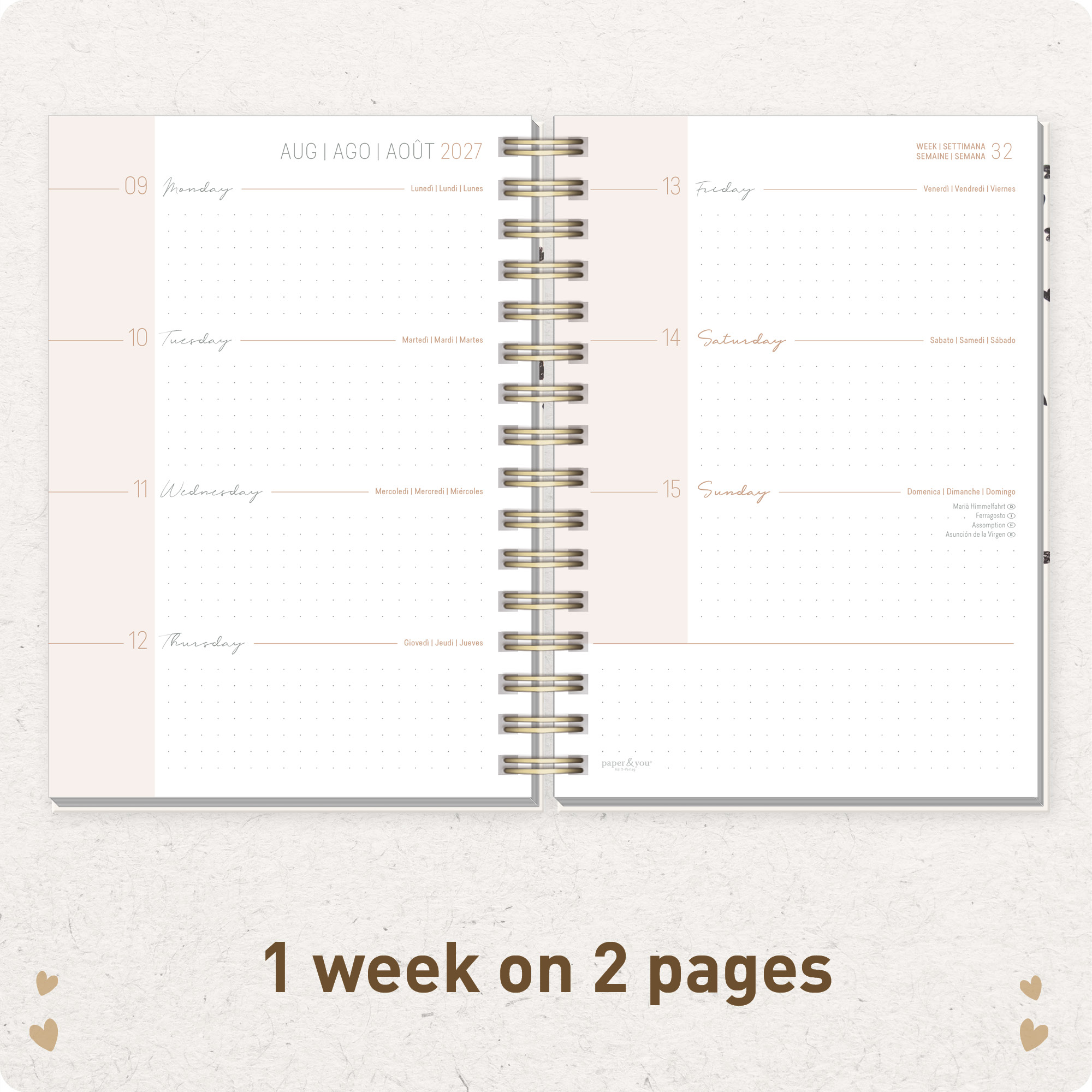 Artikelbild 4 des Artikels “Lieblings-Timer A5 2027 Englisch (+ IT/FR/ES) [Golden Hearts] “