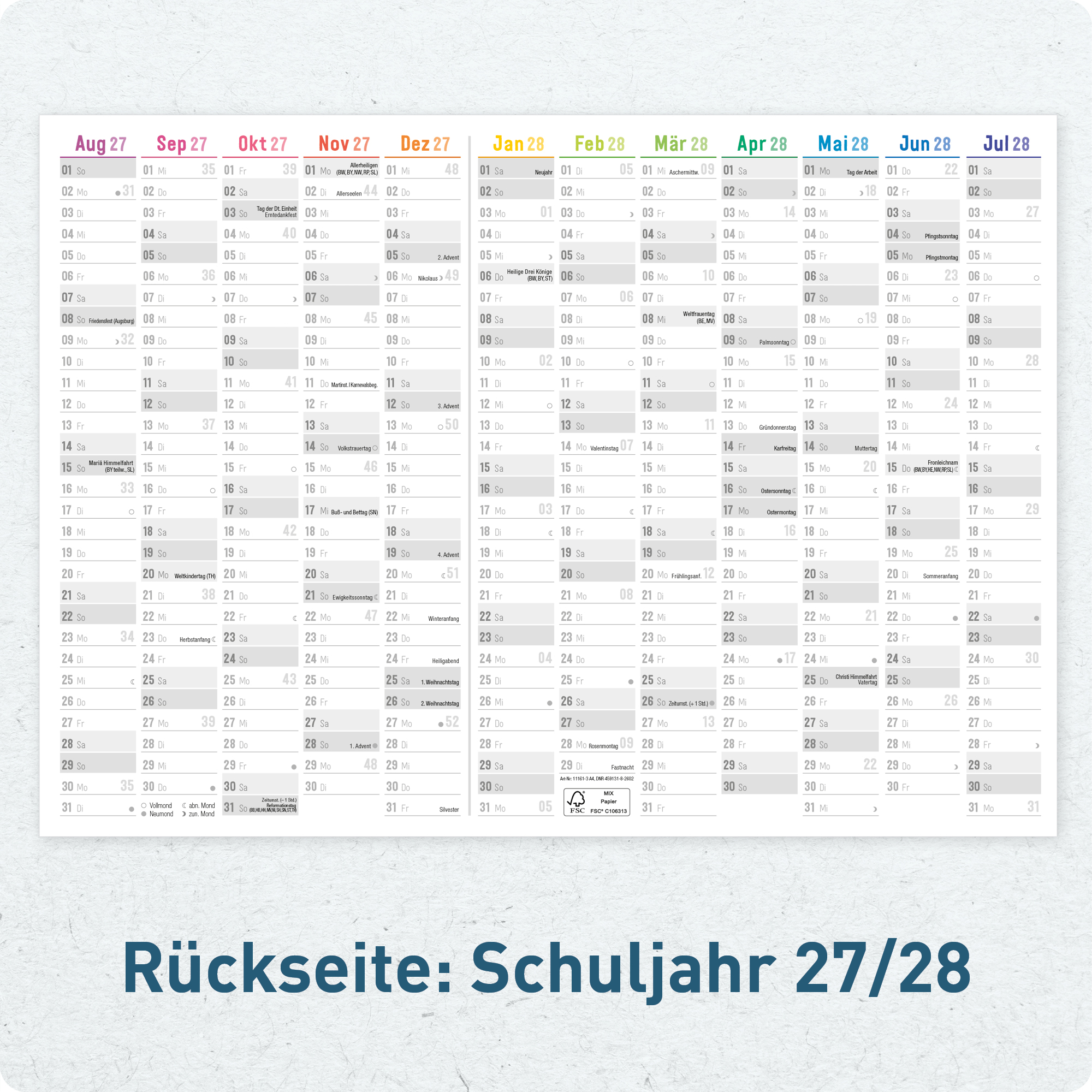 Artikelbild 5 des Artikels “Wandkalender Schuljahr 2026/2027 A4 quer 5er-Pack [Rainbow] “