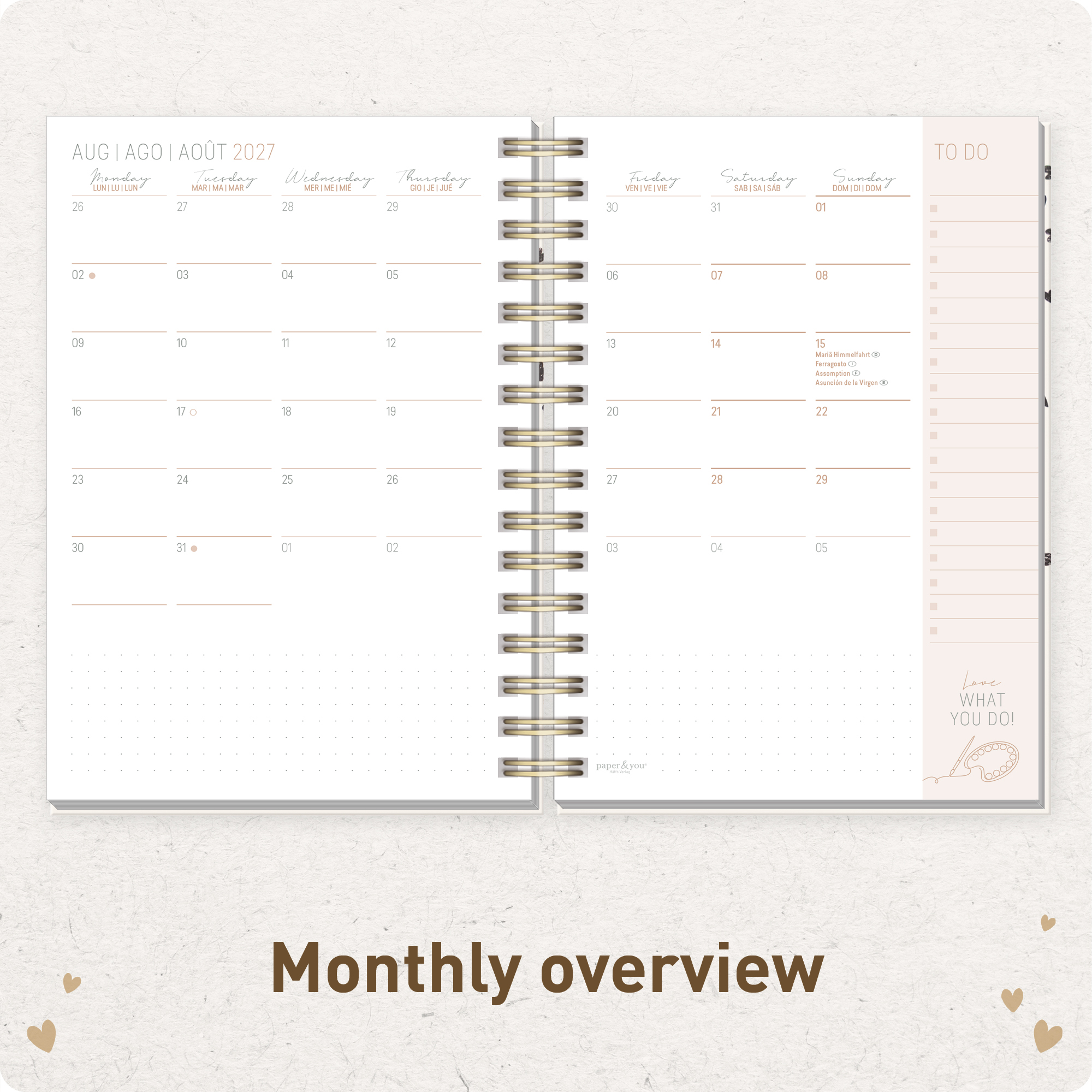 Artikelbild 5 des Artikels “Lieblings-Timer A5 2026/2027 auf Englisch (+ IT/FR/ES) [Golden Hearts] “