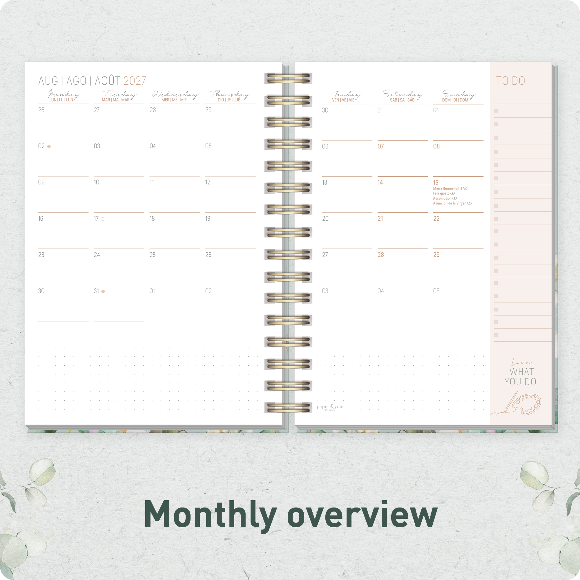 Artikelbild 5 des Artikels “Lieblings-Timer A5 2026/2027 auf Englisch (+ IT/FR/ES) [Minty Leaves] “