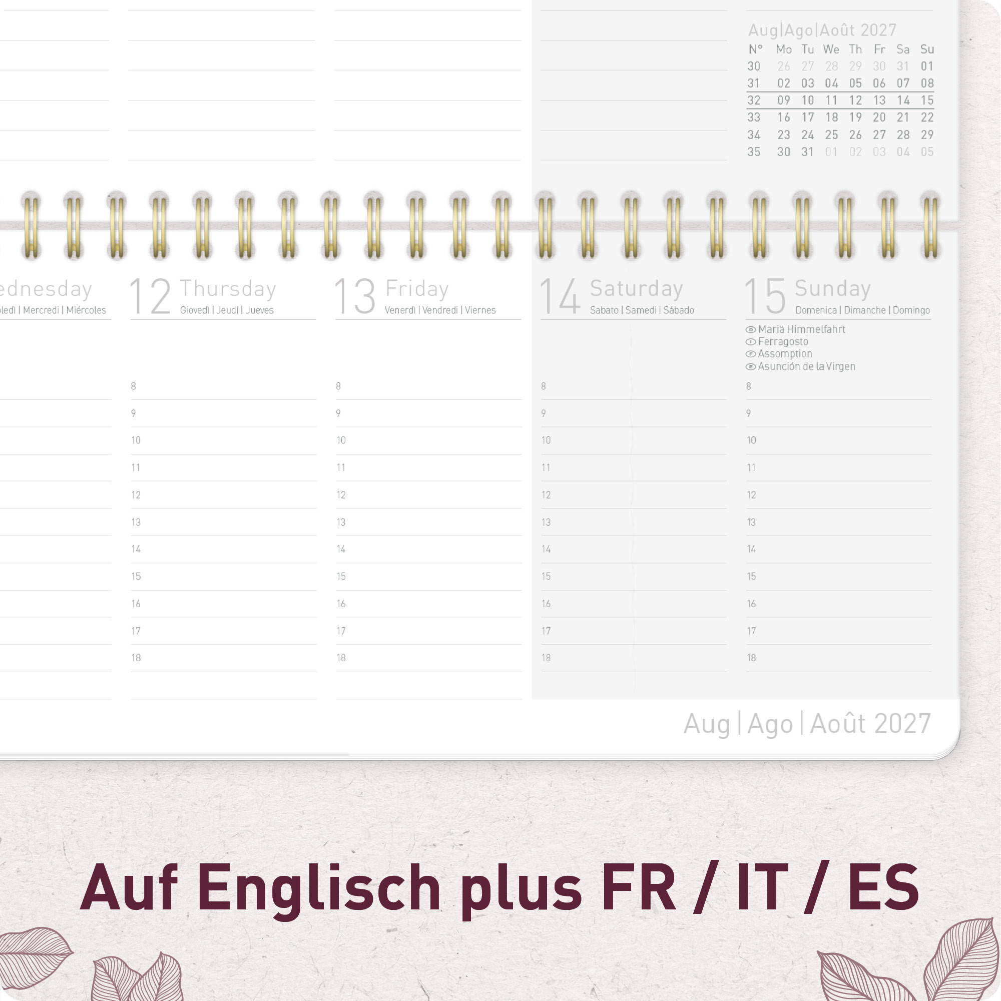 Artikelbild 5 des Artikels “Internationaler Wochen-Tischkalender quer 2027 [Bordeaux Leaves] “