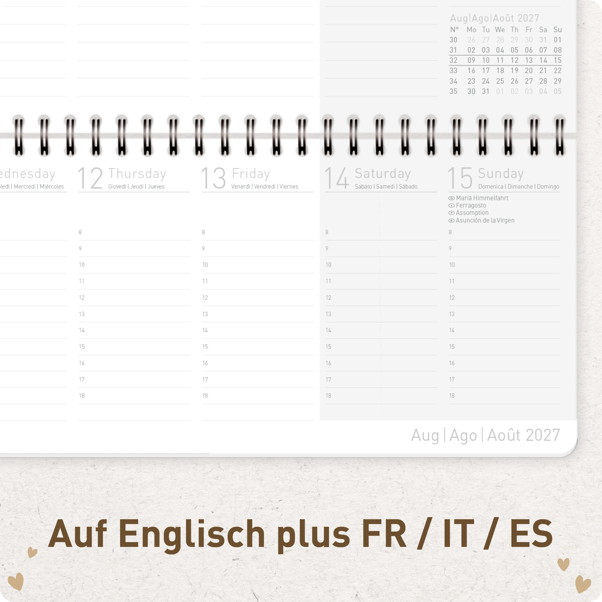 Artikelbild 5 des Artikels “Internationaler Wochen-Tischkalender quer 2027 [Golden Hearts] “