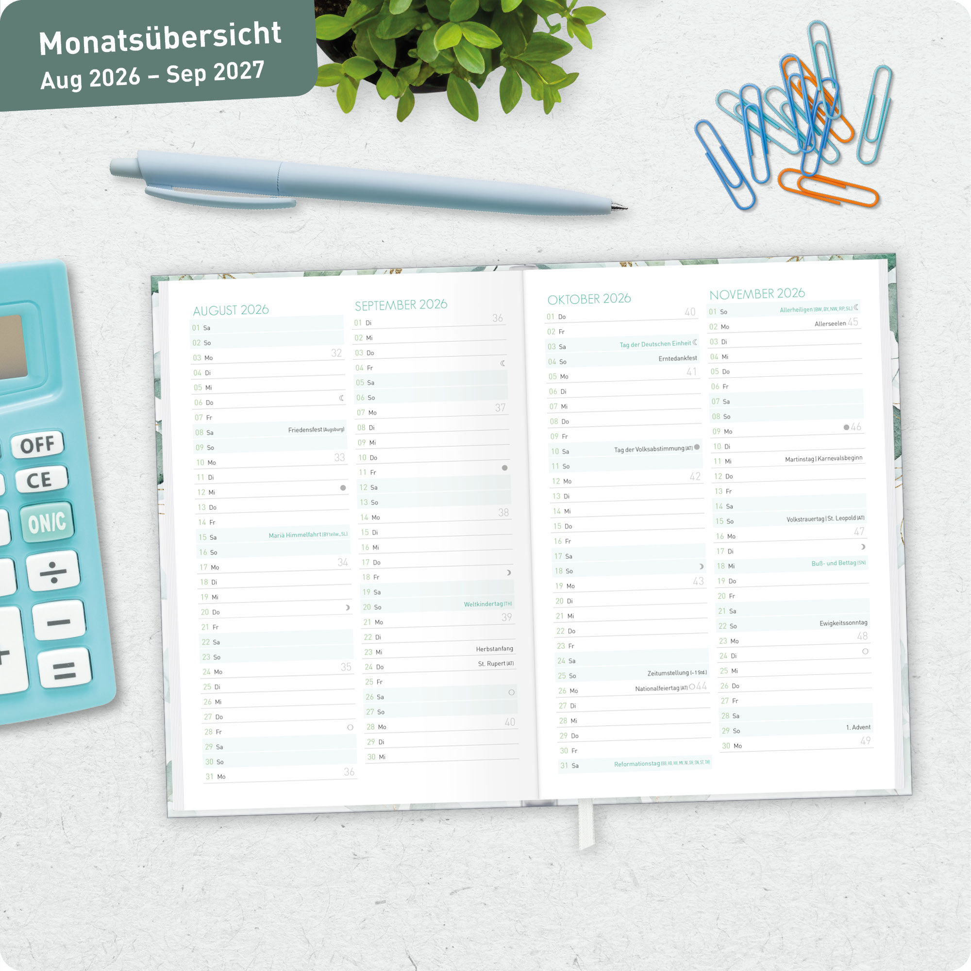 Artikelbild 7 des Artikels “Schulstuff Schüler:innen-Timer A6 2026/2027 [Mint Blattgold] “