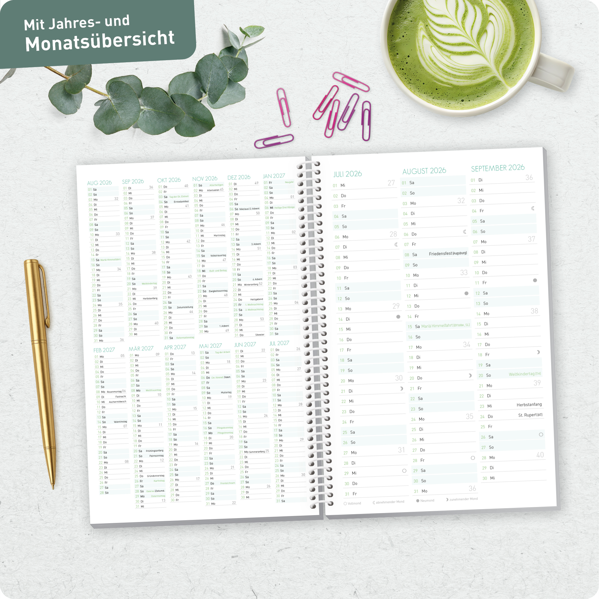 Artikelbild 7 des Artikels “Schulstuff Schüler:innen-Timer mit Spiralbindung A5 2026/2027 [Mint Blattgold] “