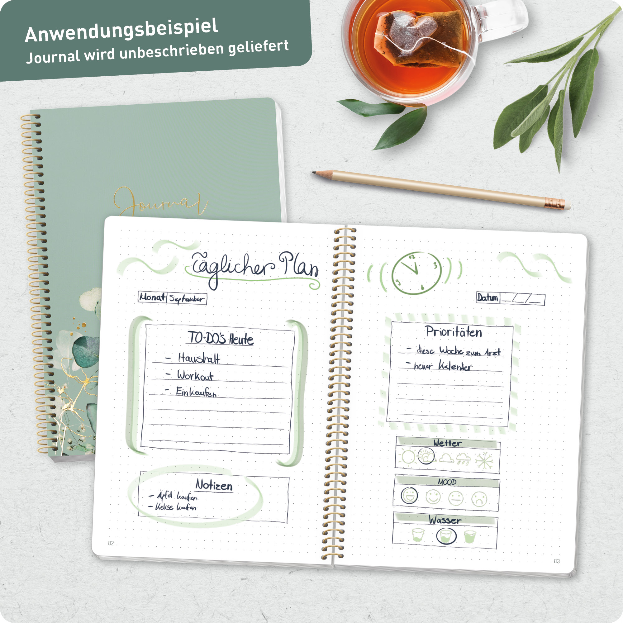 Artikelbild 8 des Artikels “Bullet Journal dotted A5 mit Spiralbindung [Minty Leaves] “